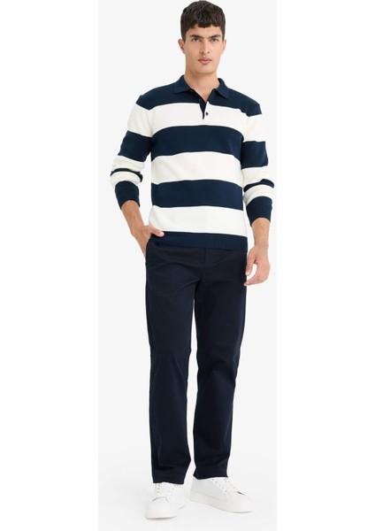 Standart Fit Polo Yaka Düğmeli Renk Bloklu Triko Kazak Y4194AZ25WN