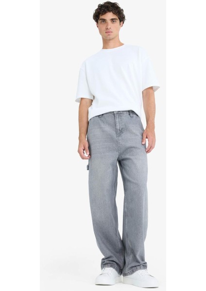 %100 Pamuk Skater Fit Geniş Kalıp Yüksek Bel Geniş Paça Jean Pantolon F3927AX25SM