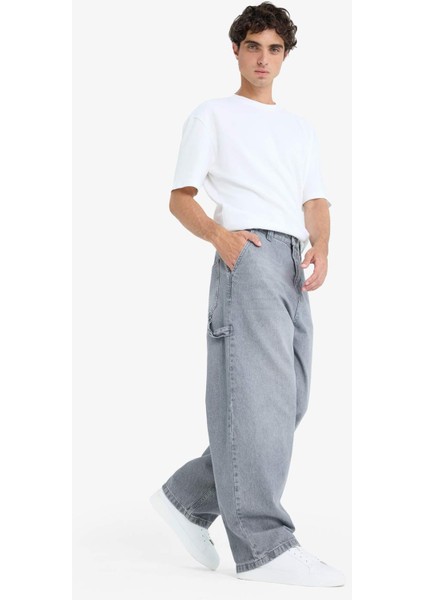 %100 Pamuk Skater Fit Geniş Kalıp Yüksek Bel Geniş Paça Jean Pantolon F3927AX25SM