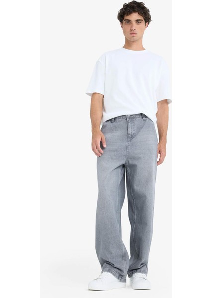 %100 Pamuk Skater Fit Geniş Kalıp Yüksek Bel Geniş Paça Jean Pantolon F3927AX25SM