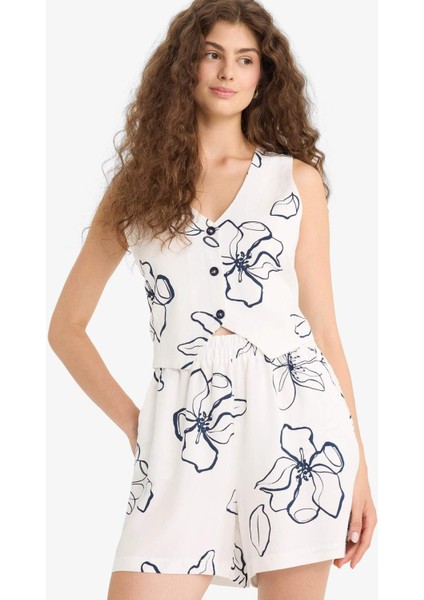 Regular Fit Normal Bel Desenli Esnek Bantlı Keten Karışımlı Şort D0317AX25SM