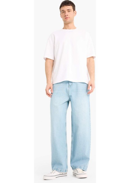 %100 Pamuk Skater Fit Geniş Kalıp Yüksek Bel Geniş Paça Jean Pantolon F3925AX25SM