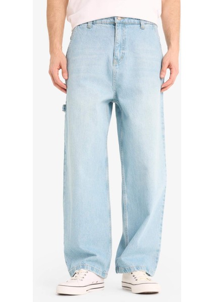 %100 Pamuk Skater Fit Geniş Kalıp Yüksek Bel Geniş Paça Jean Pantolon F3925AX25SM