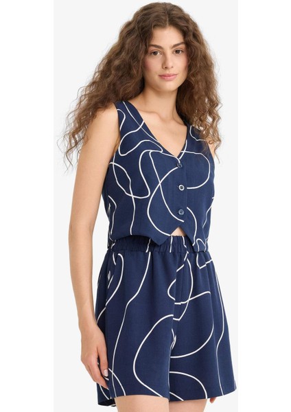 Regular Fit Normal Bel Desenli Esnek Bantlı Keten Karışımlı Şort D0317AX25SM