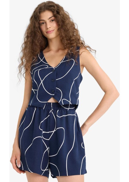 Regular Fit Normal Bel Desenli Esnek Bantlı Keten Karışımlı Şort D0317AX25SM