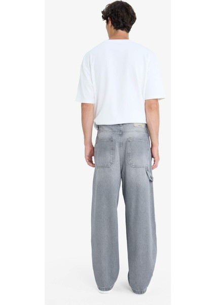 %100 Pamuk Skater Fit Geniş Kalıp Yüksek Bel Geniş Paça Jean Pantolon F3927AX25SM