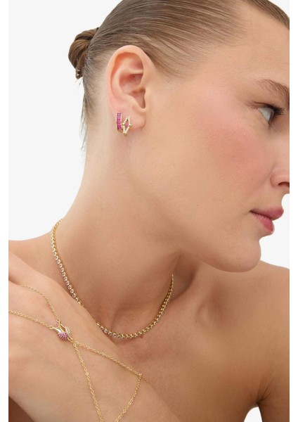 Reis x DeFacto 14 Ayar Altın Kaplama Rosa Alba Kadın 2'li Mor Taşlı Gold Küpe F4104AXNS