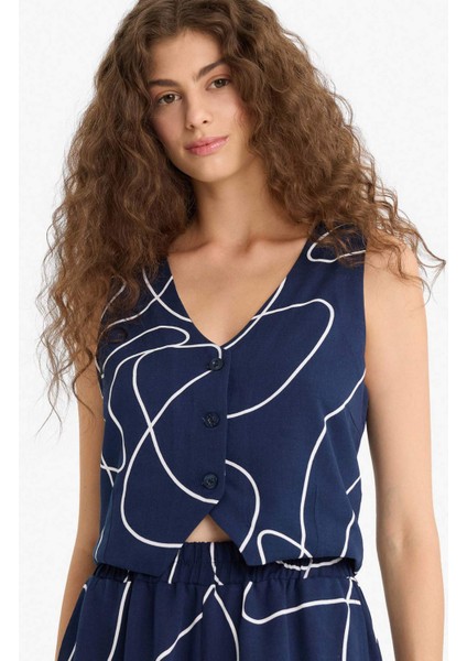 V Yaka Desenli Keten Karışımlı Blazer Yelek F3492AX25SM