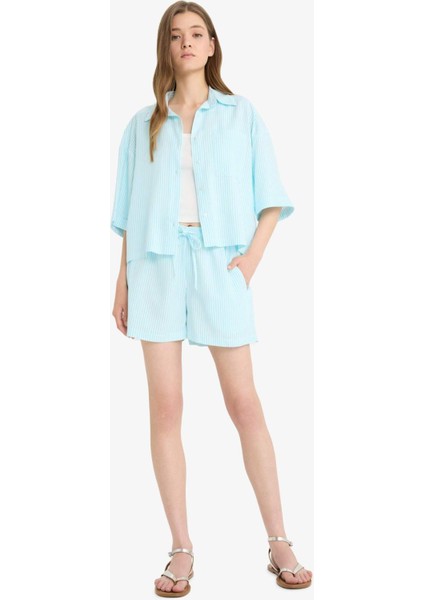 Coool Oversize Geniş Kalıp Keten Karışımlı Kısa Kollu Gömlek F2763AX25SM