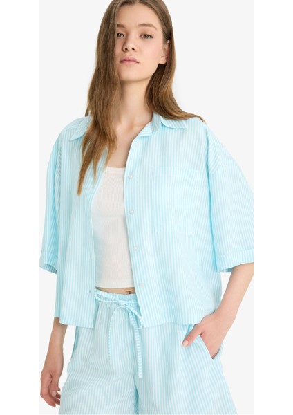 Coool Oversize Geniş Kalıp Keten Karışımlı Kısa Kollu Gömlek F2763AX25SM