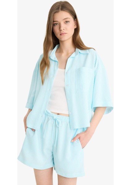 Coool Oversize Geniş Kalıp Keten Karışımlı Kısa Kollu Gömlek F2763AX25SM