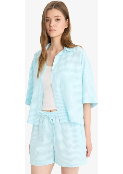 Coool Oversize Geniş Kalıp Keten Karışımlı Kısa Kollu Gömlek F2763AX25SM