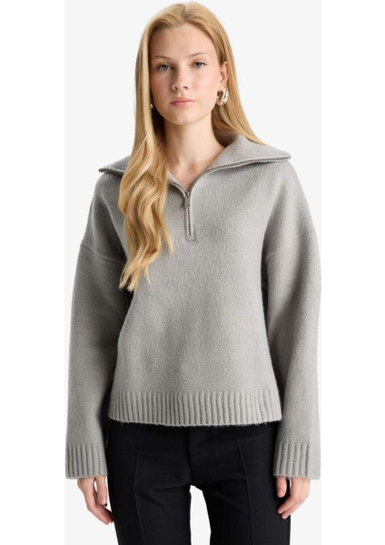 Oversize Geniş Kalıp Yarım Fermuarlı Dik Yaka Triko Kazak A8180AX25WN