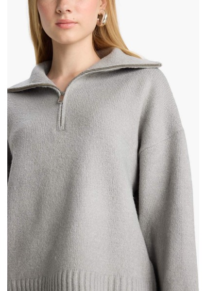 Oversize Geniş Kalıp Yarım Fermuarlı Dik Yaka Triko Kazak A8180AX25WN