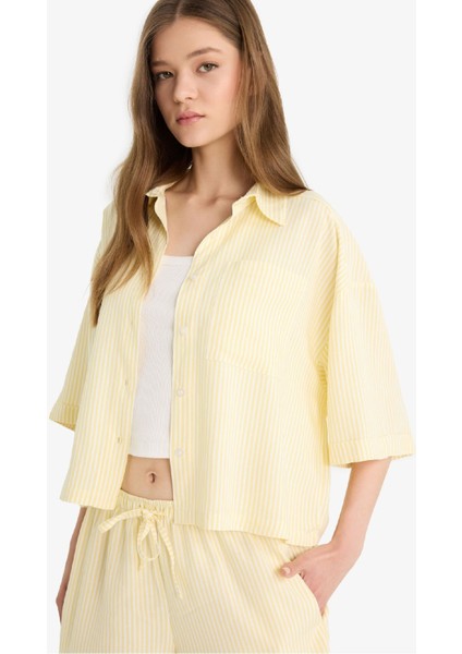 Coool Oversize Geniş Kalıp Keten Karışımlı Kısa Kollu Gömlek F2763AX25SM