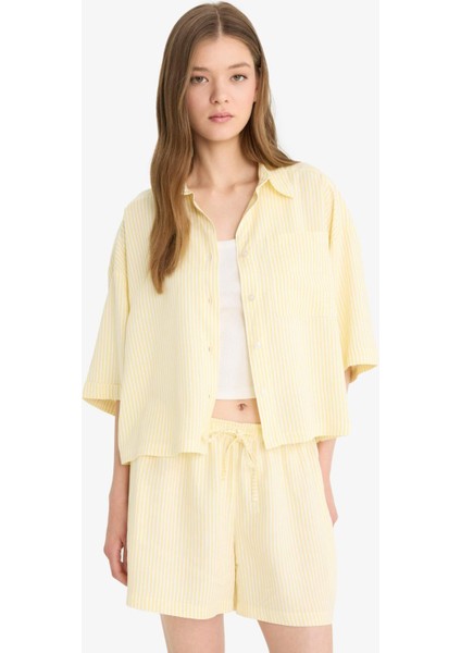 Coool Oversize Geniş Kalıp Keten Karışımlı Kısa Kollu Gömlek F2763AX25SM