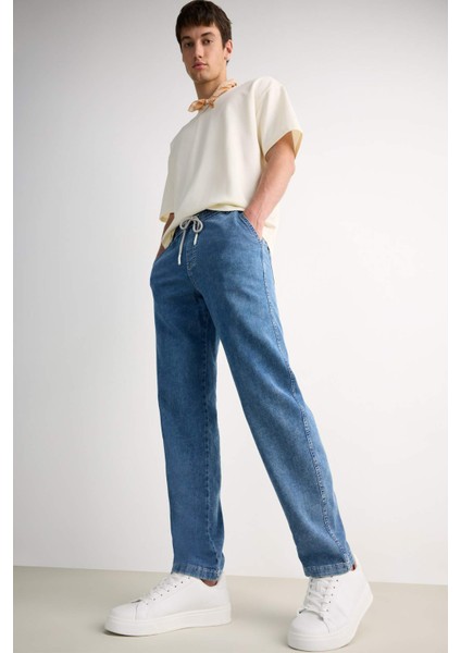 Yazlık Wide Leg Geniş Kalıp Beli Lastikli Geniş Paça Jean Kar Yıkamalı Pantolon F3906AX25SM