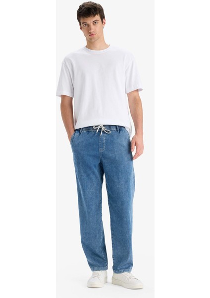 Yazlık Wide Leg Geniş Kalıp Beli Lastikli Geniş Paça Jean Kar Yıkamalı Pantolon F3906AX25SM