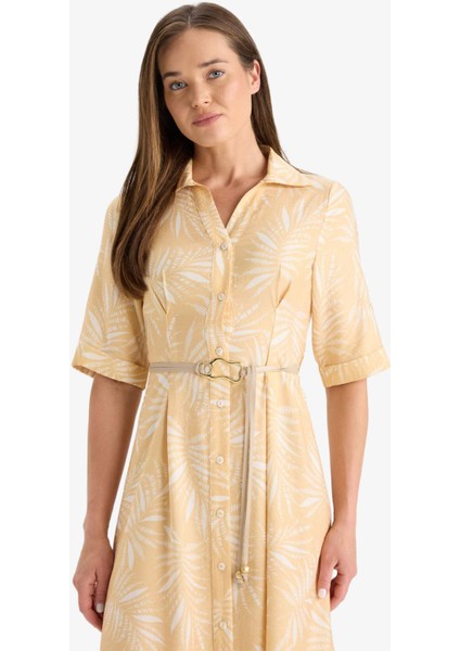 Gömlek Yaka Desenli Bağcıklı Kısa Kollu Midi Elbise F3411AX25HS