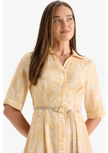 Gömlek Yaka Desenli Bağcıklı Kısa Kollu Midi Elbise F3411AX25HS