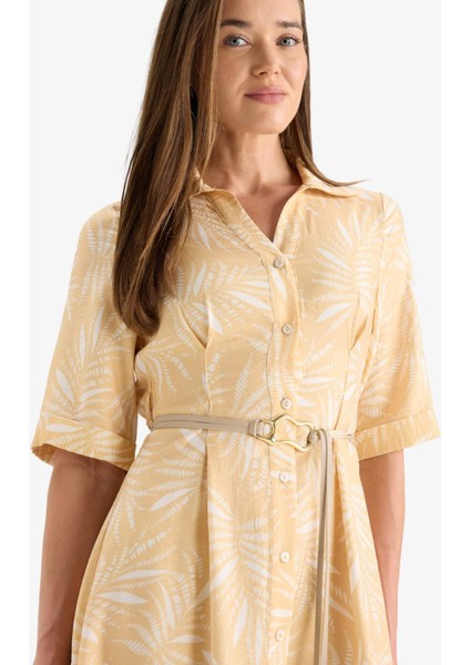 Gömlek Yaka Desenli Bağcıklı Kısa Kollu Midi Elbise F3411AX25HS