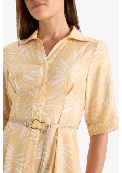 Gömlek Yaka Desenli Bağcıklı Kısa Kollu Midi Elbise F3411AX25HS