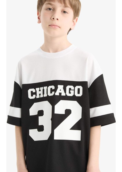 Erkek Çocuk Oversize Geniş Kalıp Bisiklet Yaka Renk Bloklu Baskılı Kısa Kollu Tişört F2414A825HS