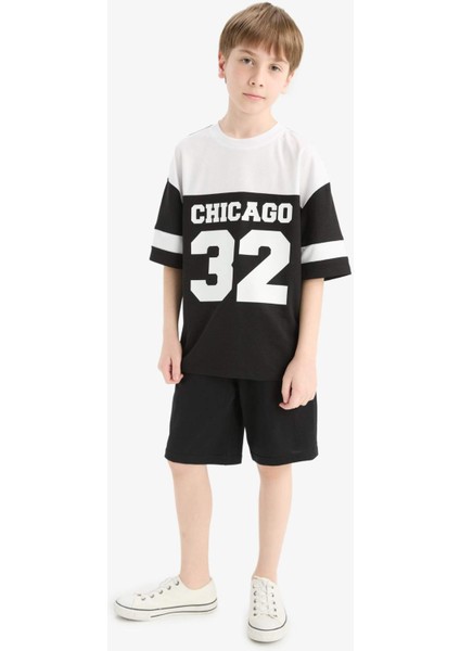 Erkek Çocuk Oversize Geniş Kalıp Bisiklet Yaka Renk Bloklu Baskılı Kısa Kollu Tişört F2414A825HS