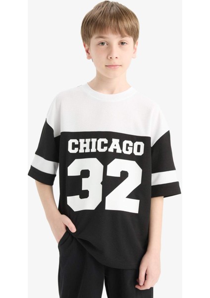 Erkek Çocuk Oversize Geniş Kalıp Bisiklet Yaka Renk Bloklu Baskılı Kısa Kollu Tişört F2414A825HS