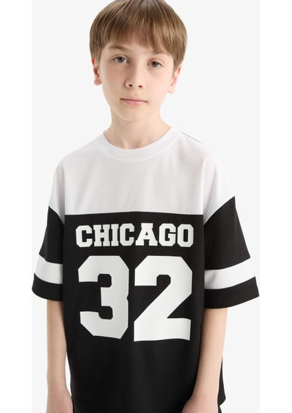 Erkek Çocuk Oversize Geniş Kalıp Bisiklet Yaka Renk Bloklu Baskılı Kısa Kollu Tişört F2414A825HS