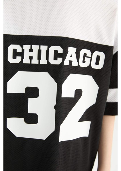 Erkek Çocuk Oversize Geniş Kalıp Bisiklet Yaka Renk Bloklu Baskılı Kısa Kollu Tişört F2414A825HS