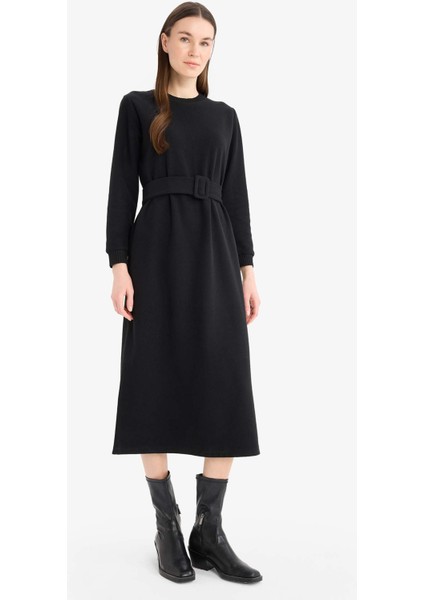 Bisiklet Yaka Basic Düz Selanik Kumaş Uzun Kollu Midi Elbise F4154AX25SP