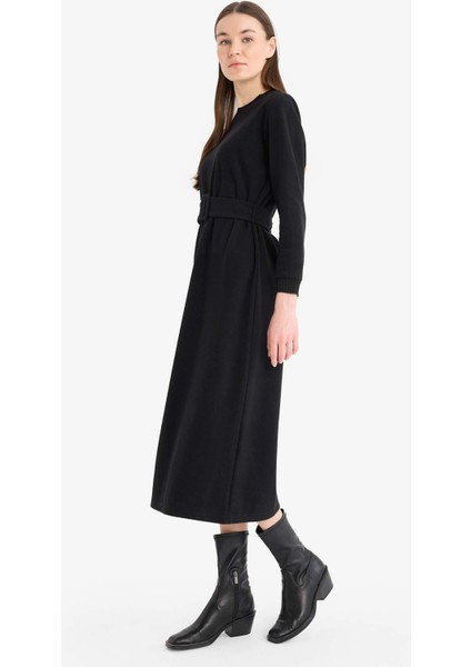 Bisiklet Yaka Basic Düz Selanik Kumaş Uzun Kollu Midi Elbise F4154AX25SP