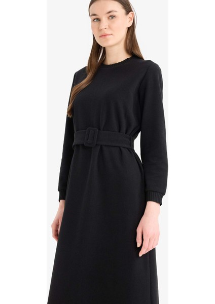 Bisiklet Yaka Basic Düz Selanik Kumaş Uzun Kollu Midi Elbise F4154AX25SP