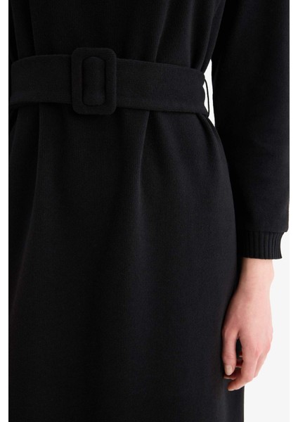 Bisiklet Yaka Basic Düz Selanik Kumaş Uzun Kollu Midi Elbise F4154AX25SP