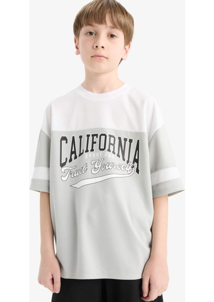 Erkek Çocuk Oversize Geniş Kalıp Bisiklet Yaka Renk Bloklu Baskılı Kısa Kollu Tişört F2415A825HS