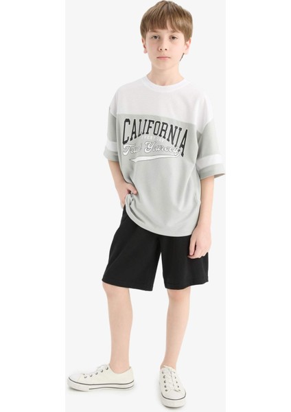 Erkek Çocuk Oversize Geniş Kalıp Bisiklet Yaka Renk Bloklu Baskılı Kısa Kollu Tişört F2415A825HS