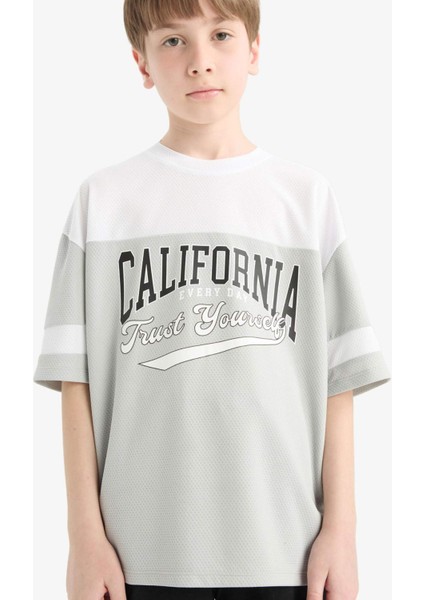 Erkek Çocuk Oversize Geniş Kalıp Bisiklet Yaka Renk Bloklu Baskılı Kısa Kollu Tişört F2415A825HS