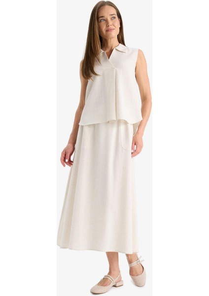 Regular Fit Kargo Cepli Keten Karışımlı Midi Etek F0992AX25HS