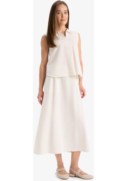 Regular Fit Kargo Cepli Keten Karışımlı Midi Etek F0992AX25HS