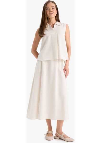 Regular Fit Kargo Cepli Keten Karışımlı Midi Etek F0992AX25HS