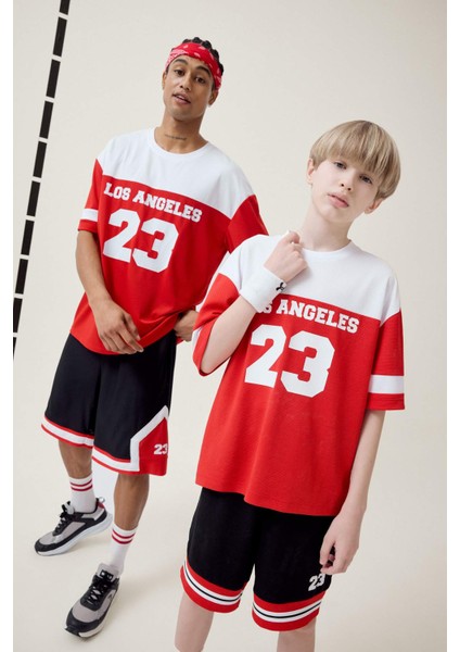 Erkek Çocuk Oversize Geniş Kalıp Bisiklet Yaka Renk Bloklu Baskılı Kısa Kollu Tişört F2413A825HS