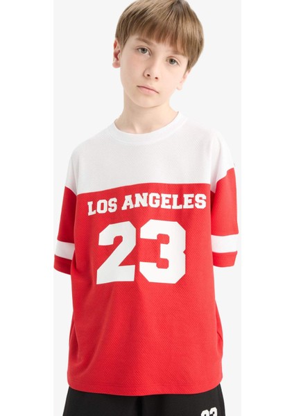 Erkek Çocuk Oversize Geniş Kalıp Bisiklet Yaka Renk Bloklu Baskılı Kısa Kollu Tişört F2413A825HS