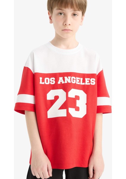 Erkek Çocuk Oversize Geniş Kalıp Bisiklet Yaka Renk Bloklu Baskılı Kısa Kollu Tişört F2413A825HS