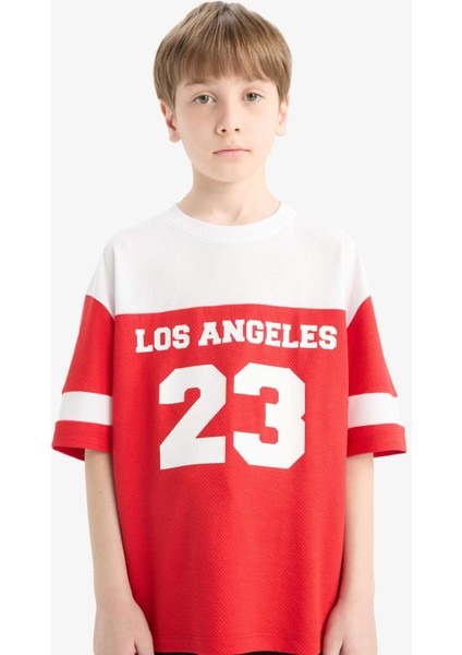 Erkek Çocuk Oversize Geniş Kalıp Bisiklet Yaka Renk Bloklu Baskılı Kısa Kollu Tişört F2413A825HS