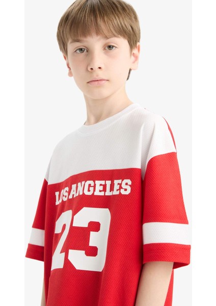 Erkek Çocuk Oversize Geniş Kalıp Bisiklet Yaka Renk Bloklu Baskılı Kısa Kollu Tişört F2413A825HS