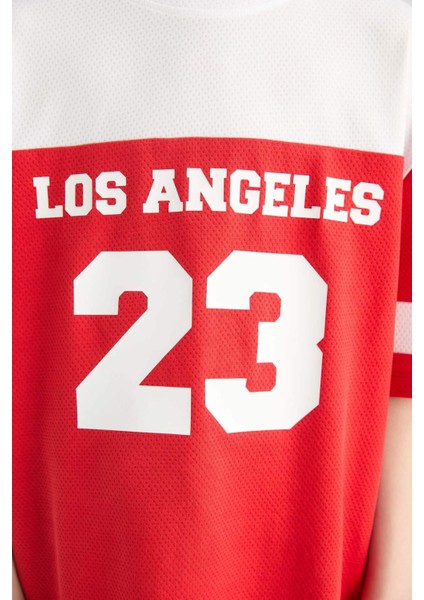 Erkek Çocuk Oversize Geniş Kalıp Bisiklet Yaka Renk Bloklu Baskılı Kısa Kollu Tişört F2413A825HS