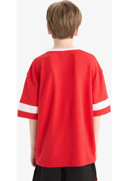 Erkek Çocuk Oversize Geniş Kalıp Bisiklet Yaka Renk Bloklu Baskılı Kısa Kollu Tişört F2413A825HS