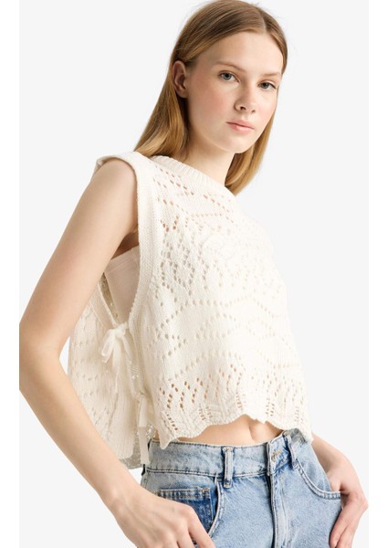 Slim Fit Dar Kesim Bisiklet Yaka Yan Bağcıklı Kroşe Süveter F4008AX25SM