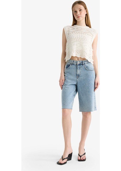 Slim Fit Dar Kesim Bisiklet Yaka Yan Bağcıklı Kroşe Süveter F4008AX25SM